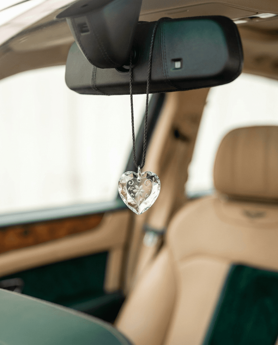 A crystal pendant on a silk cord catching daylight inside a car, a logo etched within, warm bokeh, shallow depth.