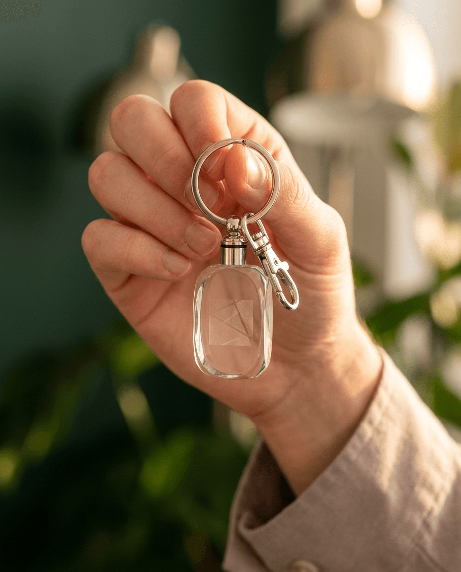 A small lit crystal keychain held in a hand, a logo etched inside, dark forest ground, shallow depth.